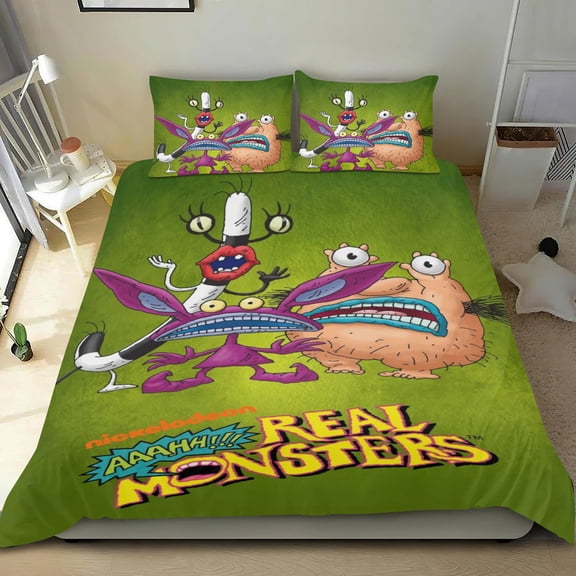 Aaahh!! Real Monsters Themed Bed Sheet Set Three Piece Set 36x75 Inches Comfortable And Skin Friendly Unique Design Creating A Star Studded Night Home Decor Gifts For Family Friends fans