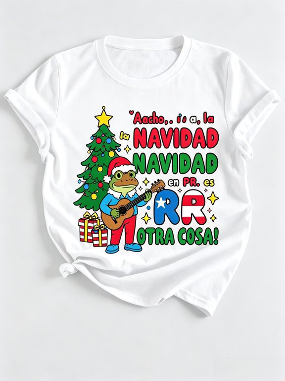 Aacho La Navidad En PR Es Otra Cosa T-Shirt Puerto Rican Coqui Frog Guitar Christmas Tree Graphic Tee