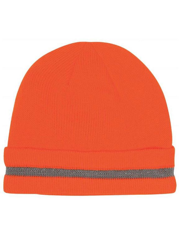 Aacrylic Knit Beanie Fleece Liner Reflective Stripe Cap, Orange