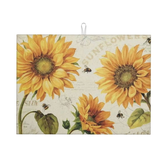 Aaekzj Absorbent Dish Drying Mat for Kitchen Counter 18x24 Inch Bee Sunflower Drying Mat Floral Dish Mat Drainer Rack Mats Fast Dry Bottles Dish Dry Pad Protector Kitchen Accessories