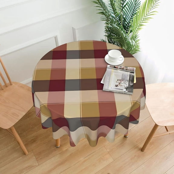 Aaekzj Autumn Fall Thanksgiving Checkered Tablecloth Round 60 Inch Brown Red Buffalo Plaid Washable Wrinkle Table Cloth Polyester Country Rustic Farmhouse Table Cover for Kitchen Holiday