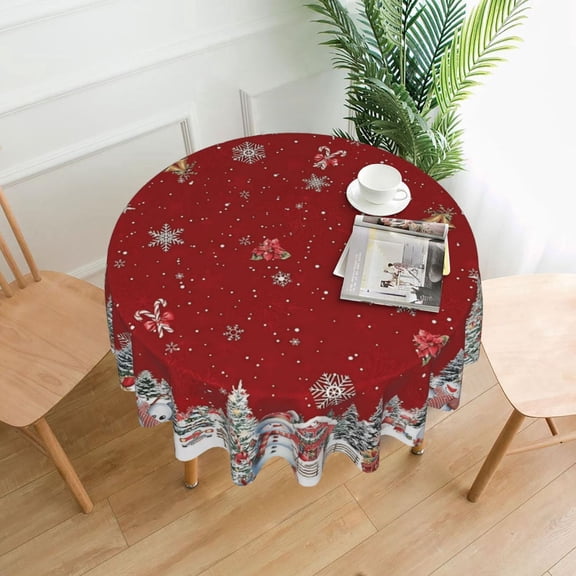 Aaekzj Christmas Tablecloth Round 60 Inch Winter Snowman Santa Christmas Tree Tablecloth Round Holiday Christmas Table Cloths Round Xmas Round Table Cover Decor