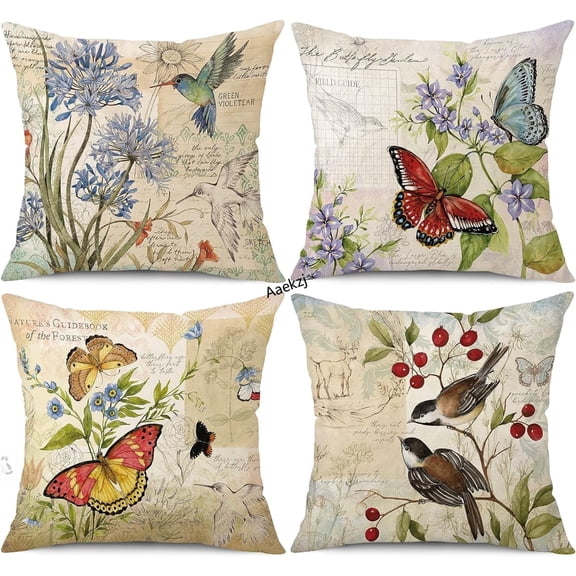 Aaekzj Farmhouse Pillow Covers 16x16 Set of 4 Spring Summer Throw Pillow Covers Linen Flower Butterfly Bird Decorative Pillowcases for Sofa Couch Living Room Outdoor