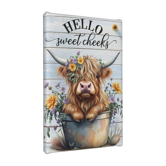 Aaekzj Funny Highland Cow Bathroom Canvas Wall Art Farmhouse Cute Cow Painting Picture Wall Decor Colour Flowers Highland Cattle Animals Poster Print Artwork for Bathroom 11x14in Inner Frame