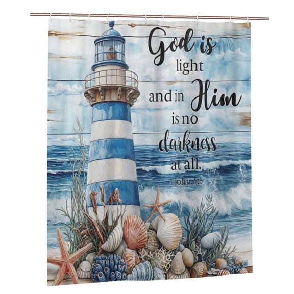 Aaekzj Nautical Lighthouse Shower Curtain for Bathroom Blue Ocean Coastal Beach Bible Verse Scripture Shower Curtains Vintage Rustic Wood Sea Starfish Seashells Fabric Decor Waterproof 36x72in