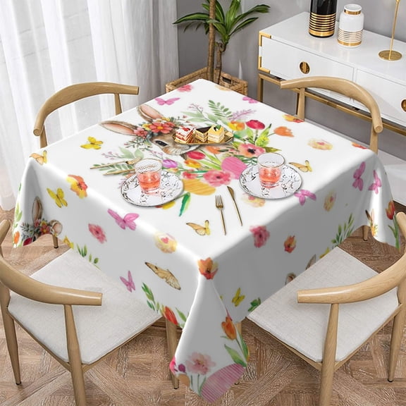 Aaekzj Spring Easter Tablecloth 54x54 Square Green Bunny Easter Table Cloth Farmhouse Pink Floral Table Cover for Kitchen Dinner Room Holiday Party Indoor Outdoor Home Easter Decor