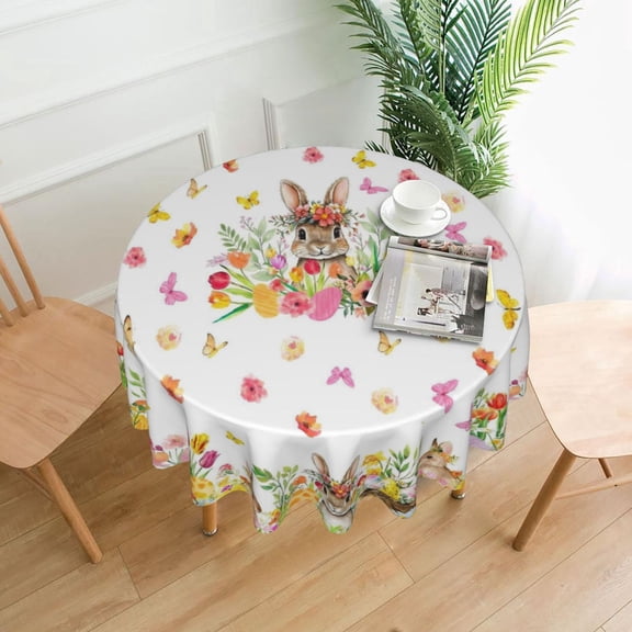 Aaekzj Spring Easter Tablecloth Round 60 Inch Green Bunny Easter Table Cloth Farmhouse Pink Floral Table Cover for Kitchen Dinner Room Holiday Party Indoor Outdoor Home Easter Decor