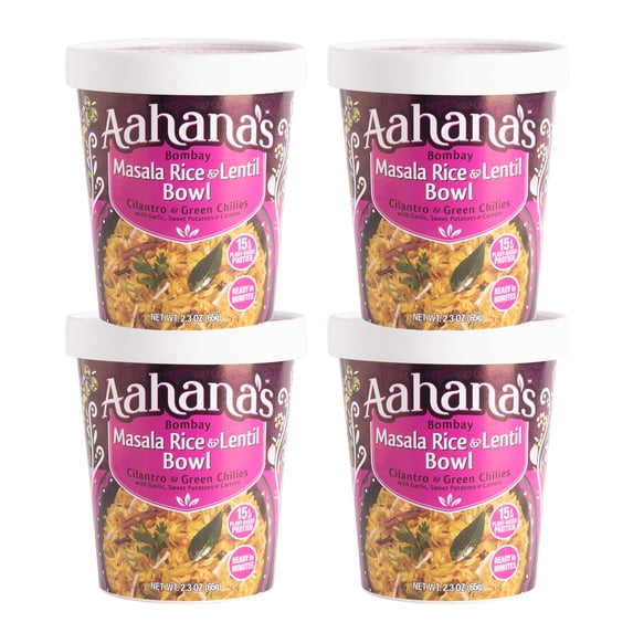 Aahana's Bombay Masala Rice & Lentil Bowls - Vegan, Gluten-Free, Kosher, Vegetarian, Ready-to-Eat, Meals in Cup - Indian Food - Kitchari - Just Add Water, No Refrigeration Required (4 Pack)