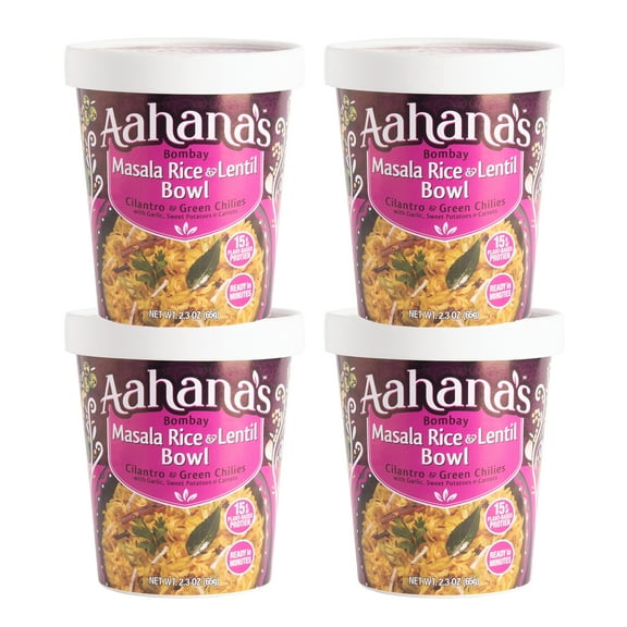 Aahana's Bombay Masala Rice & Lentil Bowls - Vegan, Gluten-Free, Kosher, Vegetarian, Ready-to-Eat, Meals in Cup - Indian Food - Kitchari - Just Add Water, No Refrigeration Required (4 Pack)