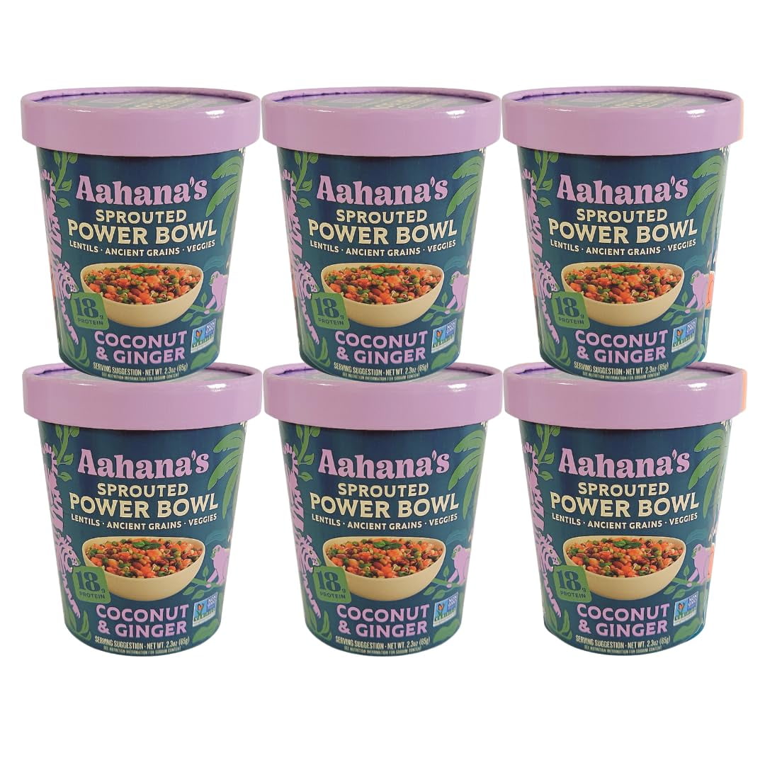 Aahana’s Coconut & Ginger Sprouted Power Bowl - Gluten-Free Plant-Based Instant Meal with Sprouted Lentils and Grains - 18g Protein, 14g Fiber, Vegan, Non-GMO, Kosher - Ready in 5 Minutes (6 Pack)