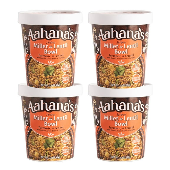 Aahana's Jaipur Millet & Lentil Bowls - Vegan, Gluten-Free, Kosher, Vegetarian, Ready-to-Eat, Meals in Cup - Indian Food - Kitchari - Just Add Water, No Refrigeration Required (4 Pack)