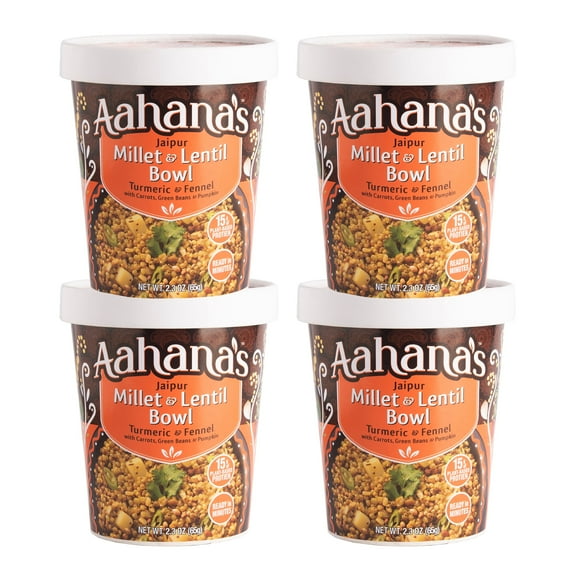Aahana's Jaipur Millet & Lentil Bowls - Vegan, Gluten-Free, Kosher, Vegetarian, Ready-to-Eat, Meals in Cup - Indian Food - Kitchari - Just Add Water, No Refrigeration Required (4 Pack)