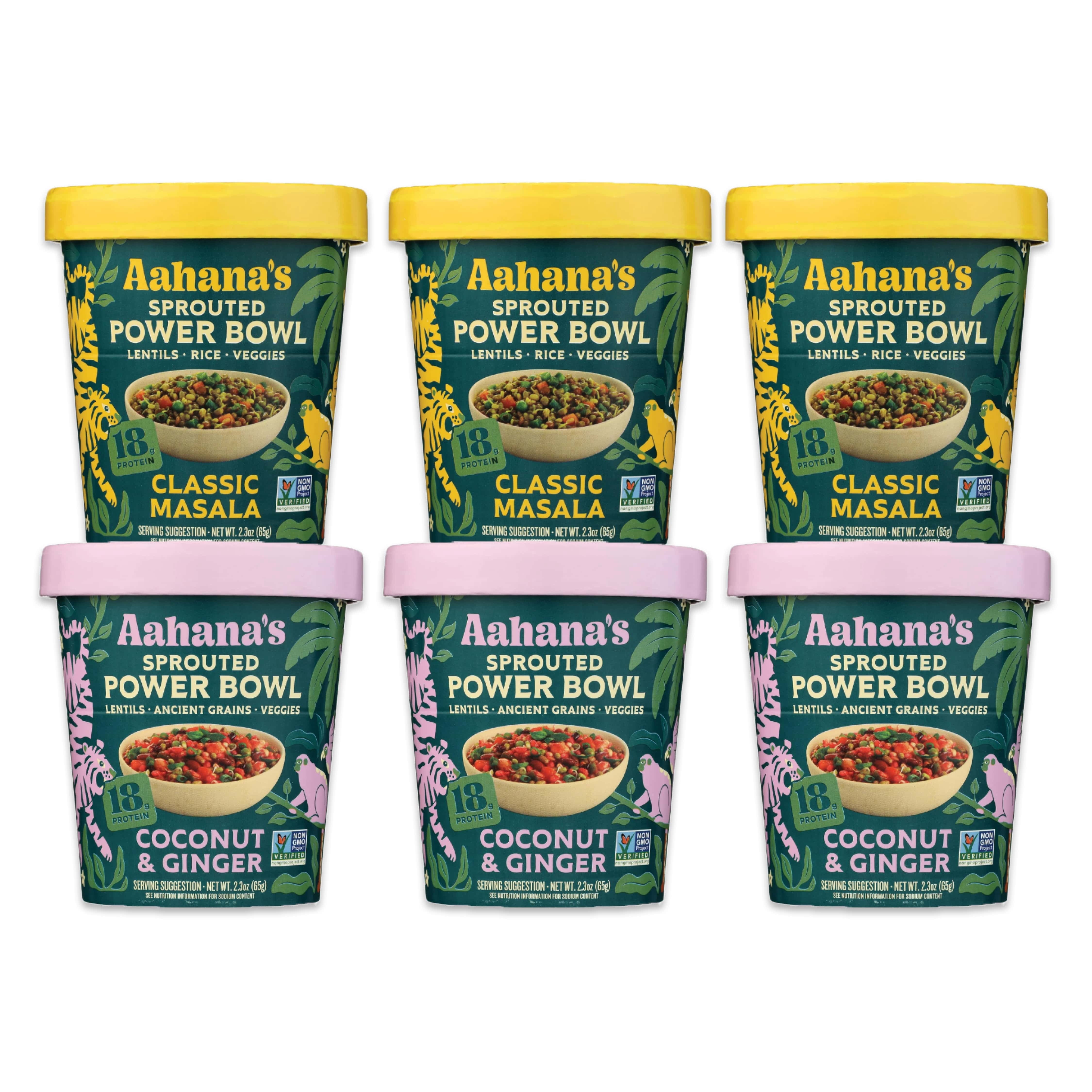 Aahana’s Ready-to-Eat Indian Lentil Meal Bowls Combo – Sprouted Power Bowls | Gluten-Free, High Protein, High Fiber, Oil & Sugar Free, Vegan | 3+3 Combo Pack (3 Classic Masala + 3 Coconut & Ginger)