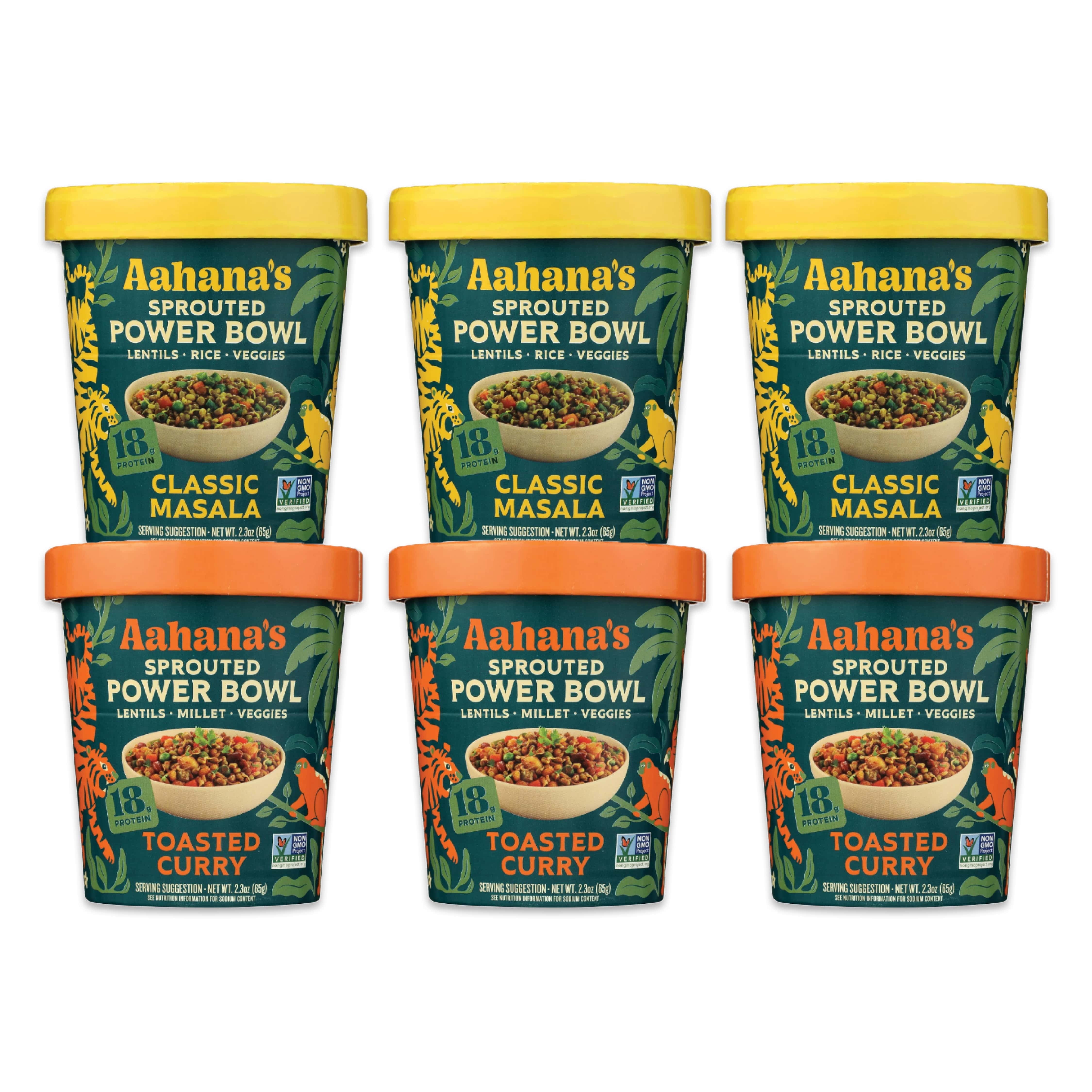Aahana’s Ready-to-Eat Indian Lentil Meal Bowls Combo – Sprouted Power Bowls | Gluten-Free, High Protein, High Fiber, Oil & Sugar Free, Vegan | 3+3 Combo Pack (3 Classic Masala + 3 Toasted Curry)