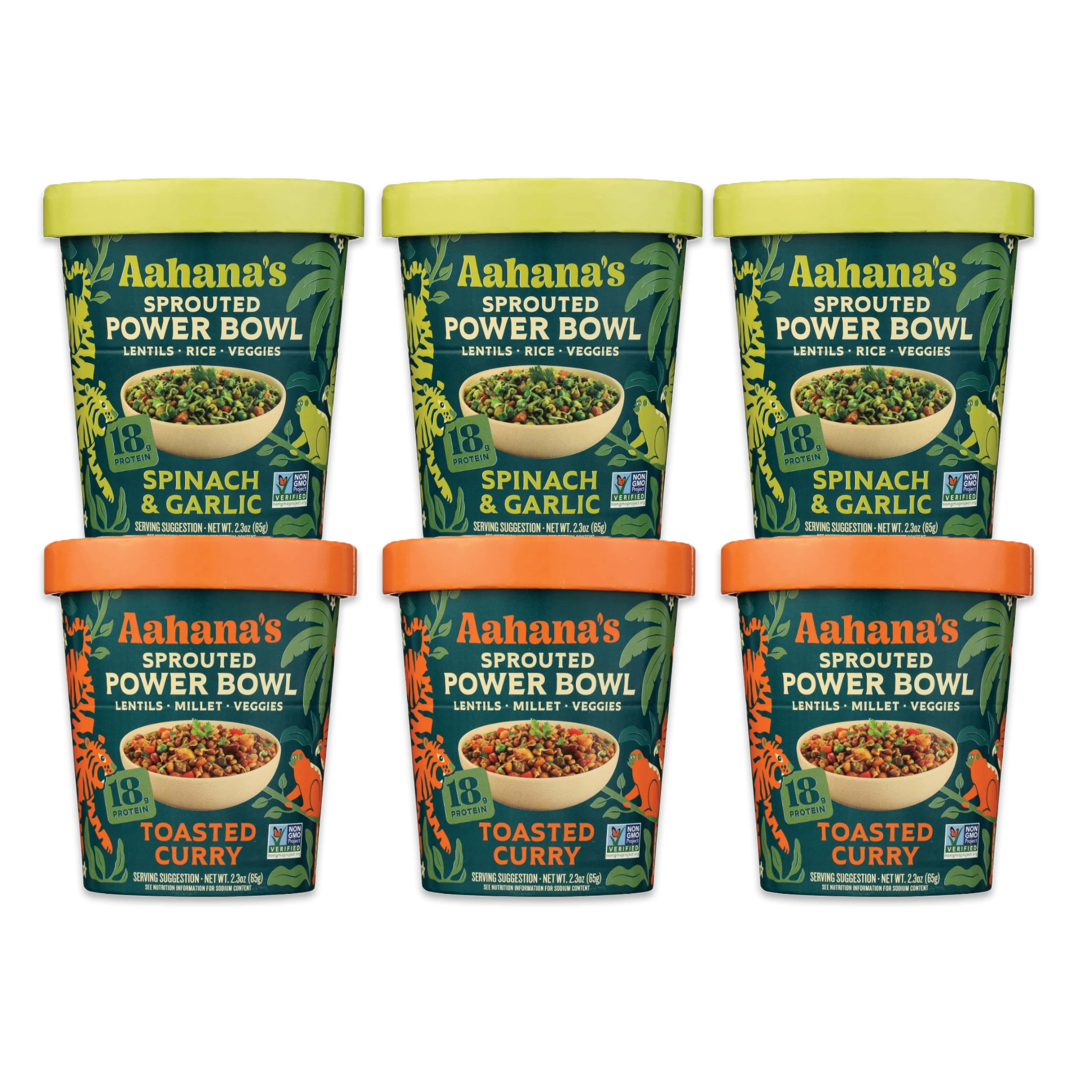 Aahana’s Ready-to-Eat Indian Lentil Meal Bowls Combo – Sprouted Power Bowls | Gluten-Free, High Protein, High Fiber, Oil & Sugar Free, Vegan | 3+3 Combo Pack (3 Spinach & Garlic + 3 Toasted Curry)