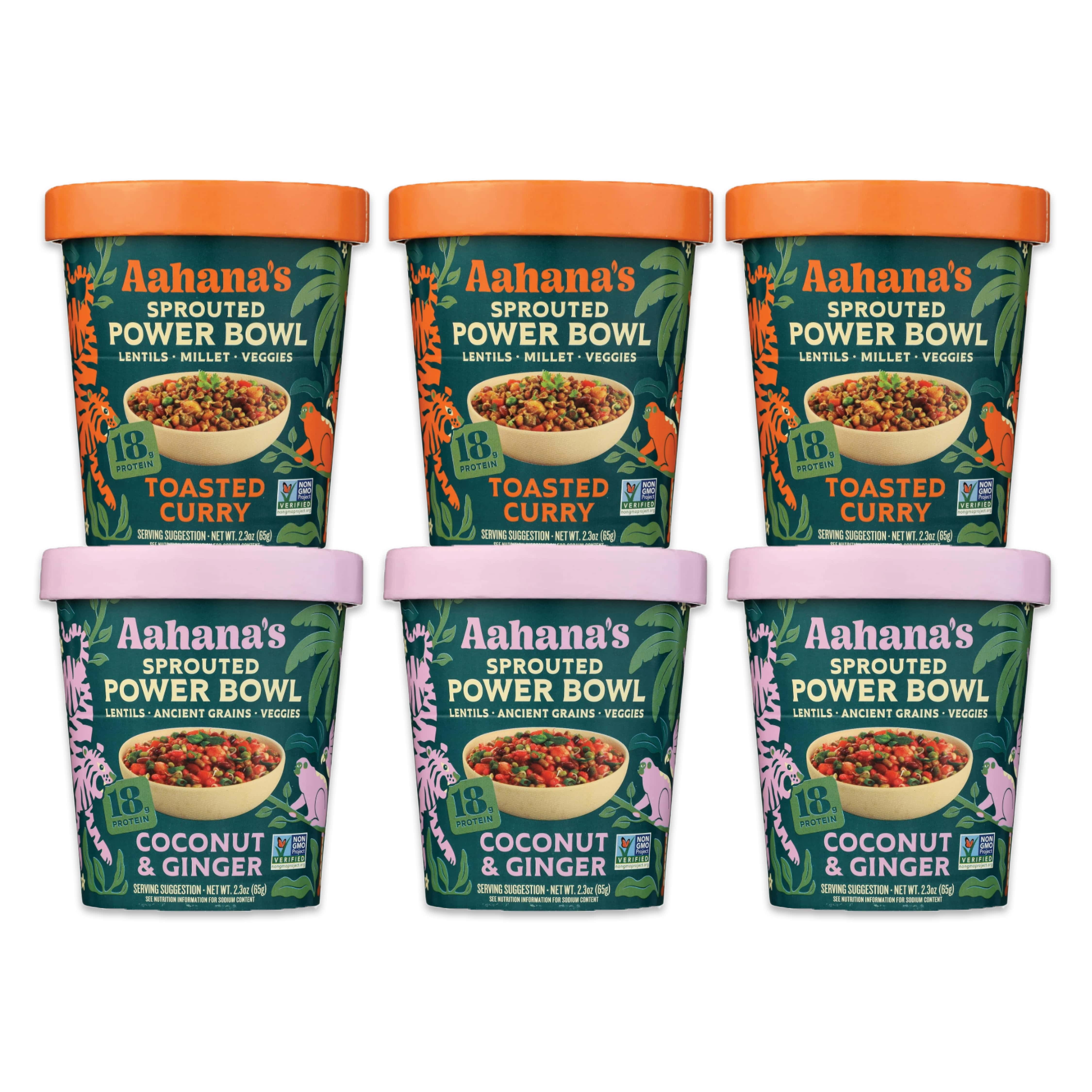Aahana’s Ready-to-Eat Indian Lentil Meal Bowls Combo – Sprouted Power Bowls | Gluten-Free, High Protein, High Fiber, Oil & Sugar Free, Vegan | 3+3 Combo Pack (3 Toasted Curry + 3 Coconut & Ginger)
