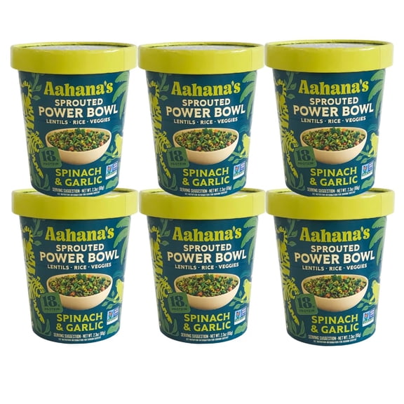 Aahanas Spinach & Garlic Sprouted Power Bowl - Gluten-Free Instant Meal with Sprouted Lentils and Grains - 18g Protein, 12g Fiber, Vegan, Non-GMO - Ready in 5 Minutes (6 Pack)