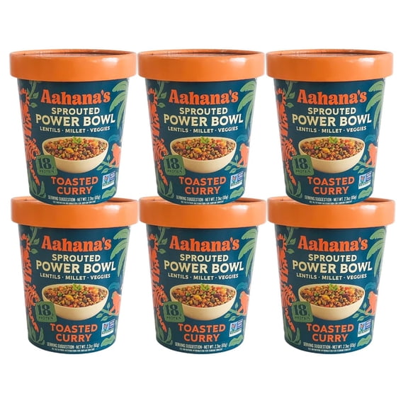 Aahanas Toasted Curry Sprouted Power Bowl - Gluten-Free, Plant-Based Instant Meal with Sprouted Lentils - 18g Protein, 12g Fiber, Vegan, Non-GMO, Kosher - Just Add Hot Water (6 Pack)