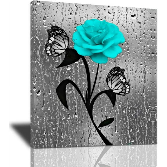 Aaheei Abstract Bathroom Decor Canvas Wall Art, Teal Blue Roses Butterflies Picture Black and White Motivational Poster Artwork Modern Home Decorations Ready To Hang For Living Room Bedroom