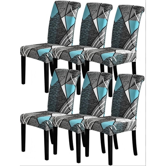 Aarocafa Abstract Geometric Dining Chair Covers (6-Pack) | Modern Edge Stretch Slipcovers | Teal-Grey Patterned Seat Protectors | Kid/Pet-Proof Upholstery Covers for Dining Room Makeovers