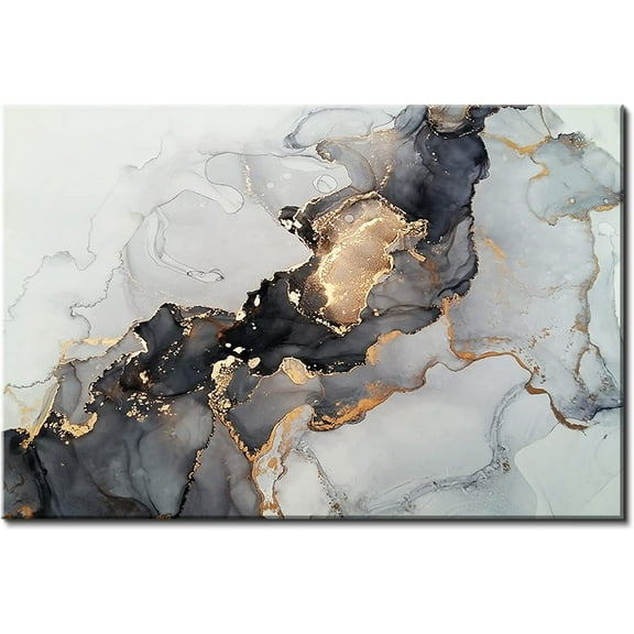 Aaheei Abstract Wall Art for Living Room Black and Gold Marble Fluid Canvas Prints Bedroom Decor 60x90cm, Watercolor Grey Picture Office Artwork Modern Minimalist Painting Bathroom Home Decoration