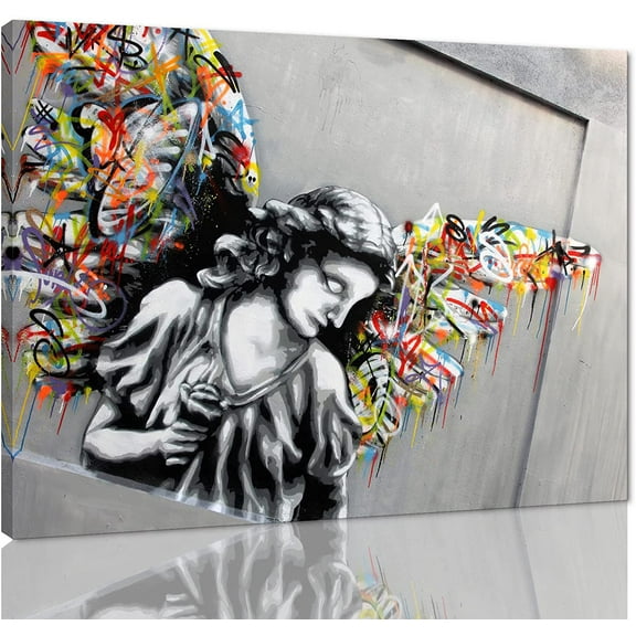 Aaheei Angel Street Graffiti Wings Wall Art Banksy Canvas Artwork Modern Home Wall Decorations for Man Cave Dorm Ready to Hang