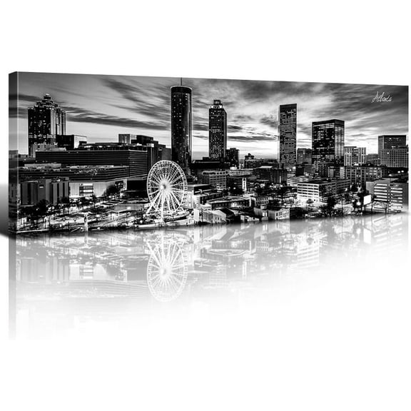 Aaheei Atlanta Wall Art Citysacape Canvas Decor Black and White Wall Art City Skyline Picture Artwork for Living Room Bedroom Office Home Decorations Georgia Building Ferris Wheel Panoramic Painting