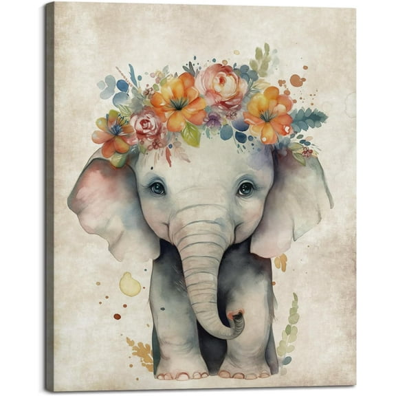 Aaheei Baby Elephant Flower Wreath Poster Prints Cute Animal Portrait Canvas Wall Art Watercolor Garland Picture Painting Wall Decor Nursery Children's Room Living Room Decoration