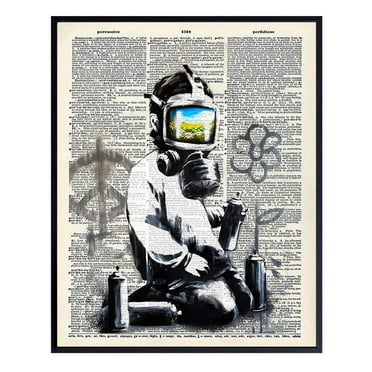 Aaheei Banksy Gas Mask Graffiti Street Art Mural - Contemporary Dictionary Art, Home Decor - Upcycled Wall Print, Poster - Unique Room Decorations - Great Inexpensive Gift