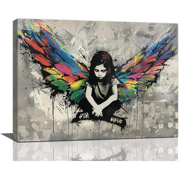 Aaheei Banksy Wall Art Girl Wings Pictures Street Graffiti Canvas Wall Decor Vintage Kids Aesthetic Painting Pop Home Modern Artwork Decorations for Living Room Bedroom Bathroom Office