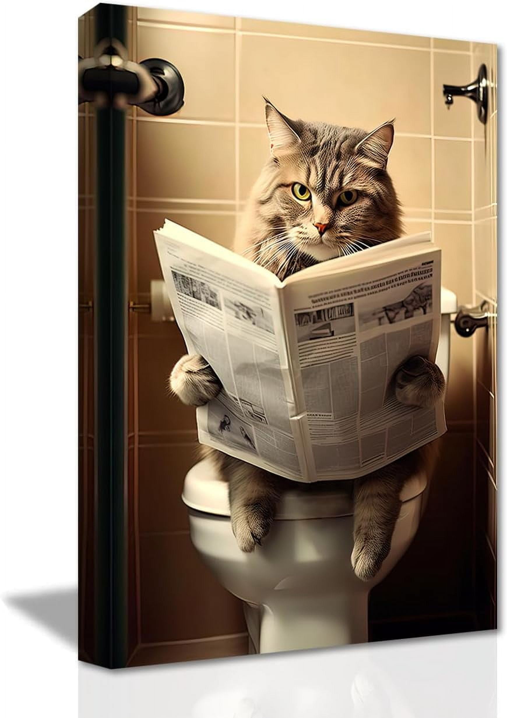 Aaheei Bathroom Cat Wall Art Cute Cat Sitting on Toilet Reading ...
