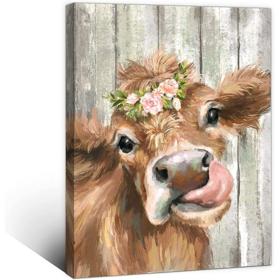 Aaheei Bathroom Cow Pictures Wall Decor Country Theme Canvas Wall Art Farmhouse Retro Paintings Wall Decor for Bedroom Modern Brown Rustic Wall Art Vintage Artwork for Kitchen Decoration