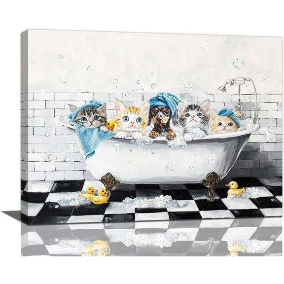 Aaheei Bathroom Decor Wall Art Funny Cute Cat And Dog Pictures Decor Watercolor Painting Canvas Prints Modern Artwork for Home Bedroom Living Room