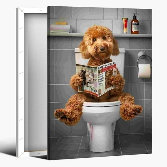 Aaheei Bathroom Decor Wall Art Funny Goldendoodle Dog Bathroom Pictures Wall Decor Signs Posters Canvas Prints Humorous Animal Bathroom Dog Portrait Picture for Dog Lovers Custom Pet