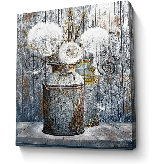 Aaheei Bathroom Decor Wall Art Rustic Dandelion Picture Wall Decor Farmhouse Dandelion in Vintage Creamery Milk Cans Painting Modern Artwork for Bedroom Bathroom Decor