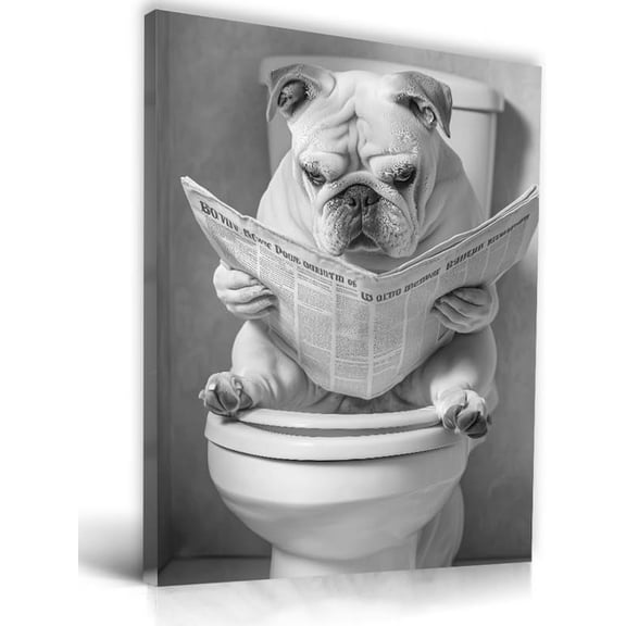 Aaheei Bathroom Wall Art, Black and White French Bulldog Dog Reading the Newspaper Wall Docer,Canvas Wall Art Animals Abstract Prints, High-end Pictures for Dormitory Kids Room