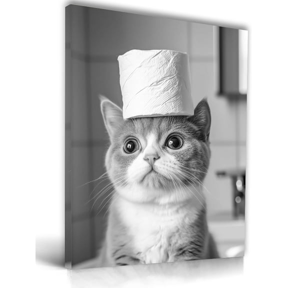 Aaheei Bathroom Wall Art Decor, Black and White Cat Toilet Paper Wall Art,Canvas Wall Art Animals Abstract Prints, High-end Pictures for Dormitory Kids Room,1 Pack