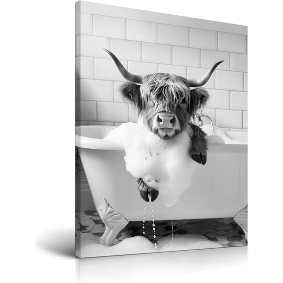 Aaheei Bathroom Wall Art,Highland Cow in the Bathtub Poster,Funny Animal Picture Wall Decor,Cute Cow Taking a Bubble Bath Canvas Poster Printing Waterproof for Kid Bedroom,Set of 1