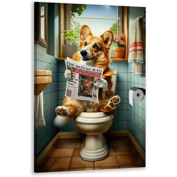 Aaheei Bathroom decor wall art Corgi Dog Bathroom Poster funny bathroom decor Canvas printing Humorous Bathroom Animal for Dog Lovers