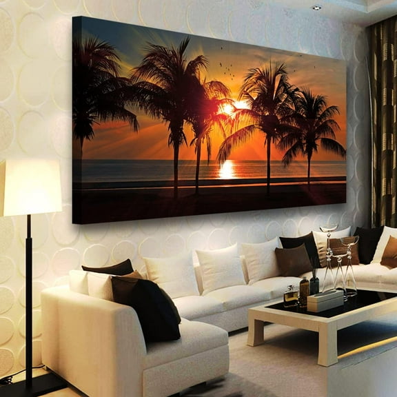 Aaheei Beach Canvas Wall Art Seascape Theme Pictures Home Decor Blue Ocean Coconut Tree Sunset Prints Paintings for Living Room Bathroom Bedroom Kitchen Office Decoration Natural Scenery Artwork