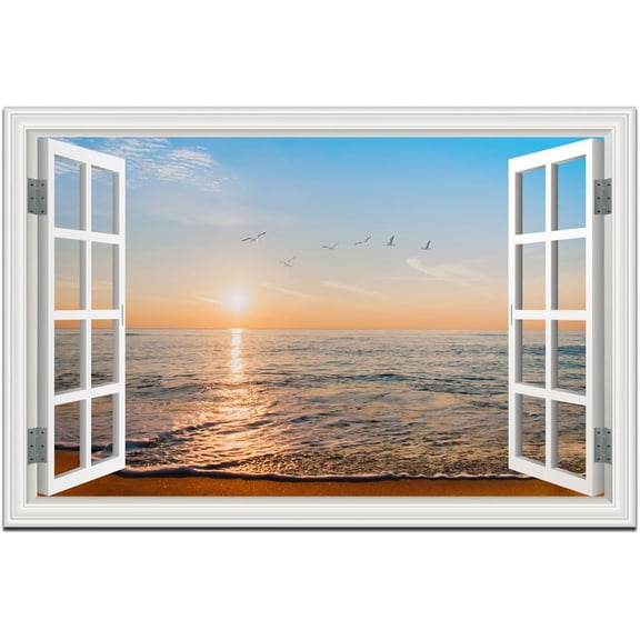 Aaheei Beach Wall Art Pictures White Fake Window Sunset Painting Seascape Artwork Ocean Birds Theme Prints on Canvas Blue Coastal Landscape for Living Room Bedroom Bathroom Home 16x24