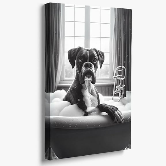 Aaheei Black Boxer Dog in Tub Prints Canvas Funny Animal Bathroom Wall Decor - Boxer Taking a Bath in Tub Artwork Pictures - Cute Bathroom Art Print
