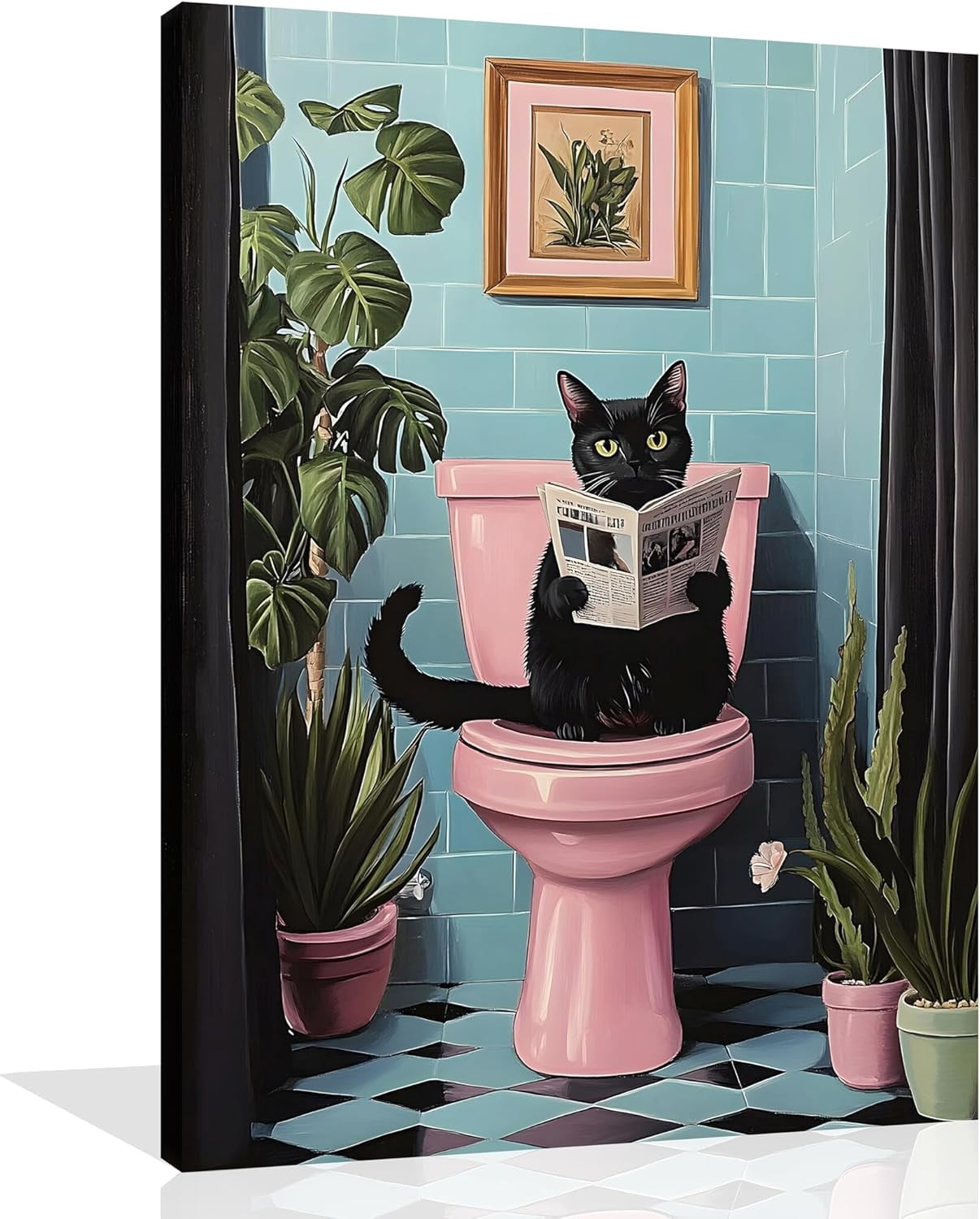Aaheei Black Cat Bathroom Wall Art - Funny Canvas Print of Cat Reading ...