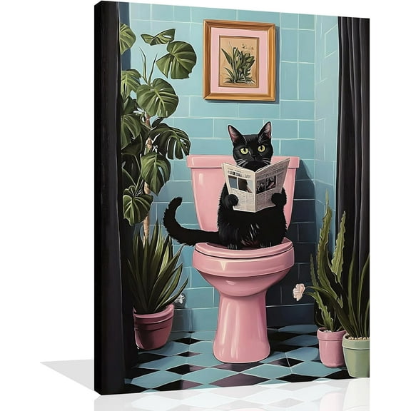 Aaheei Black Cat Bathroom Wall Art - Funny Canvas Print of Cat Reading Newspaper on Pink Toilet - Poster for Restroom Decor
