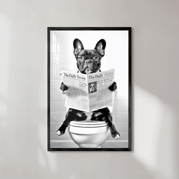 Aaheei Black French Bulldog in Toilet Reading Newspaper Funny Farmhouse Bathroom Wall Decor Canvas Art Print Suitable for Home Bedroom