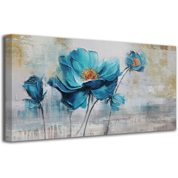 Aaheei Blue Flowers Canavs Wall Art Abstract Lotus Painting Elegant Florals Picture Modern Grey Artwork for Living Room Bedroom Bathroom Kitchen Office Home Decor 16x20