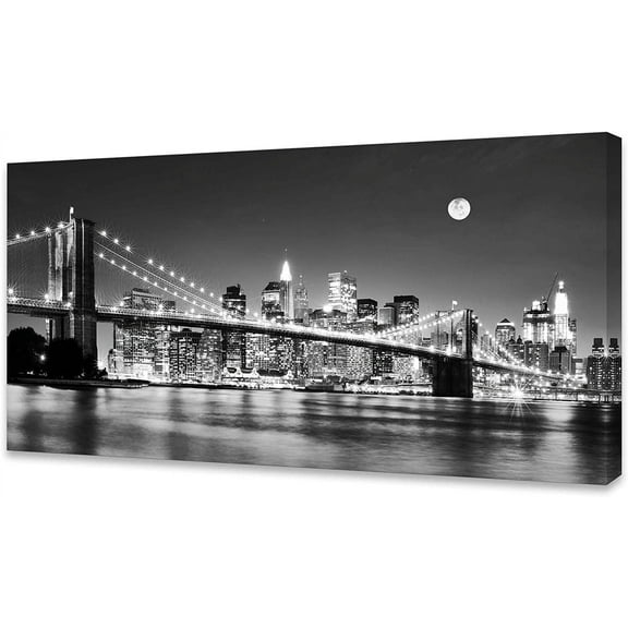 Aaheei Brooklyn Bridge Night View 1 Panels Landscape Artwork Canvas Prints Moon Night New York City Scene Picture Paintings Black and white Wall Art for Oiffce Home Decorations Wall Decor