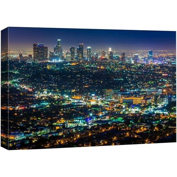 Aaheei Canvas Print Wall Art Downtown Los Angeles Night Skyline Architecture & Maps Cityscape Photography Realism Global Scenic Colorful Multicolor for Living Room, Bedroom, Office