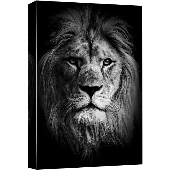 Aaheei Canvas Print Wall Art Portrait of Lion Animals Wildlife Photography Realism Modern Closeup Dramatic Dark Black and White for Living Room, Bedroom, Office
