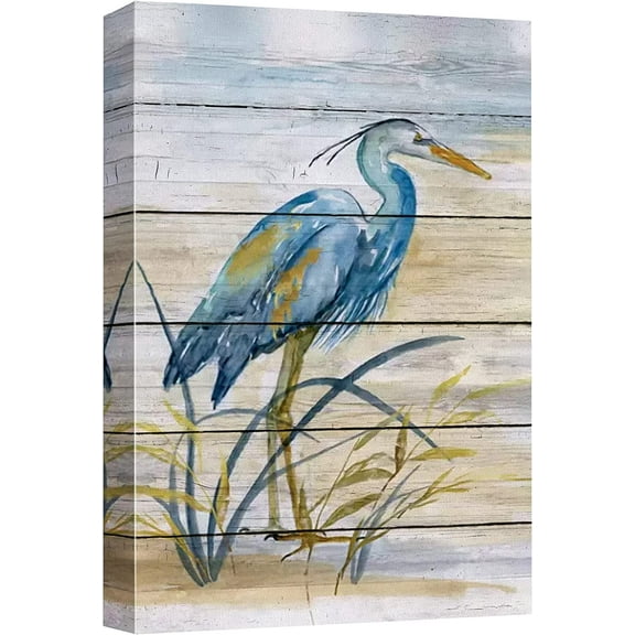 Aaheei Canvas Print Wall Art Retro Blue Beach Crane Bird Nature Wilderness Illustrations Modern Art Decorative Multicolor Zen Rustic Relax/Calm for Living Room, Bedroom, Office